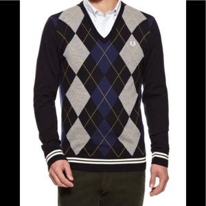MEN'S 100% MERINO WOOL FRED PERRY V-NECK ARGYLE JUMPER SWEATER TOP MEDIUM